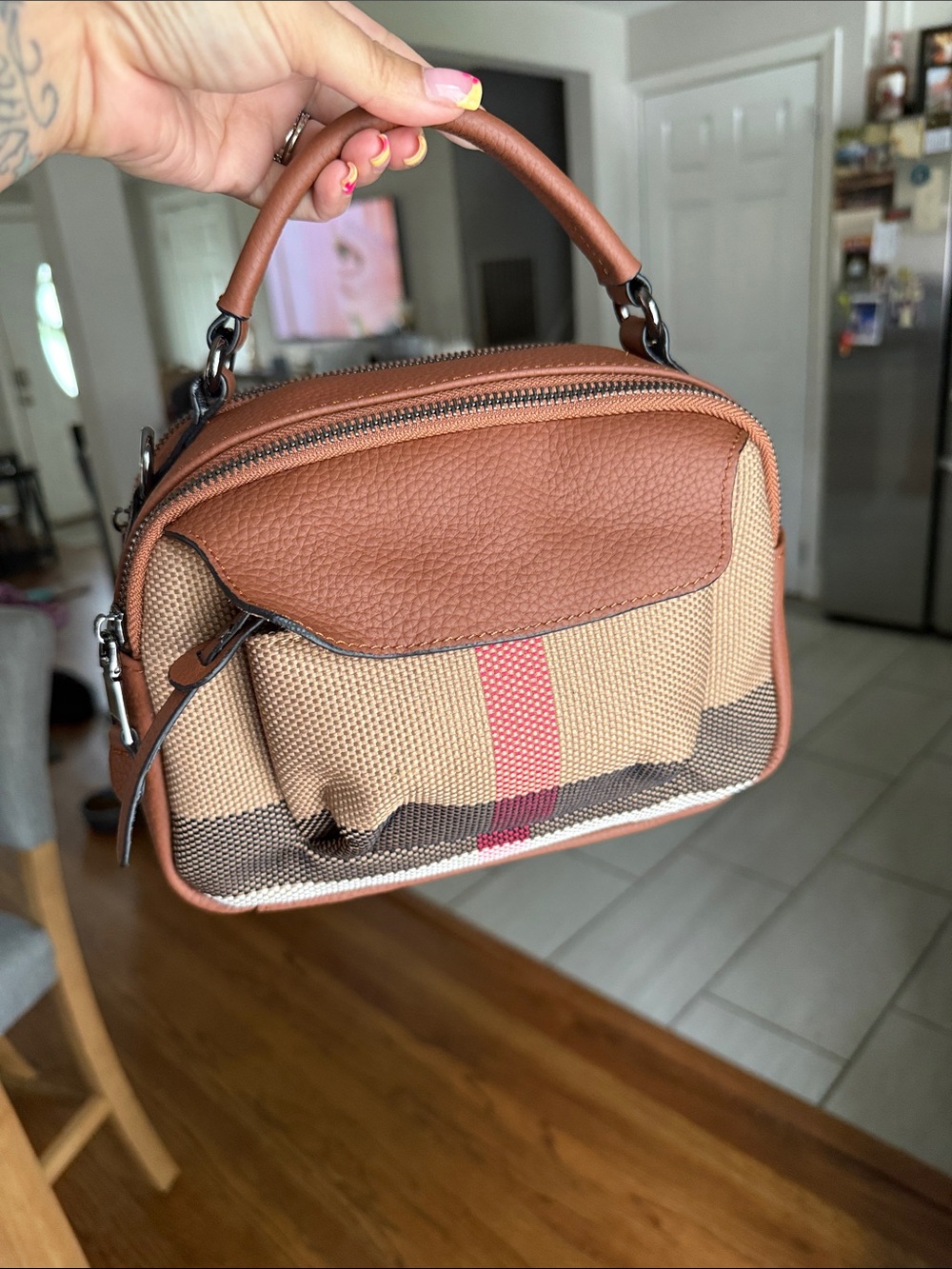 Brown and Beige Top-Handle Crossbody Bag with Red Stripe
